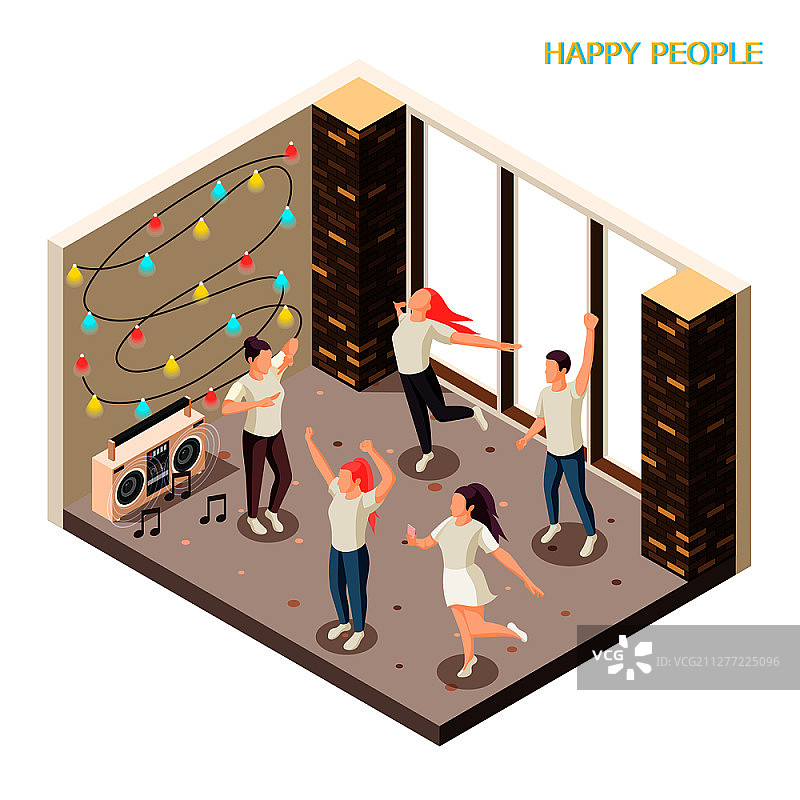 穿着休闲服装的快乐年轻人在室内伴随迪斯科灯光和扬声器跳舞2.5D矢量图图片素材