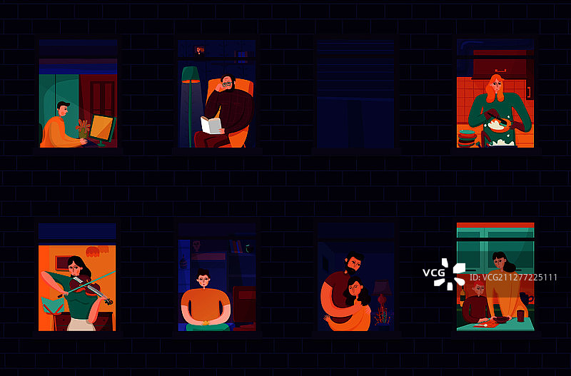 夜晚砖墙背景下，邻居们在自家窗户里休闲图片素材