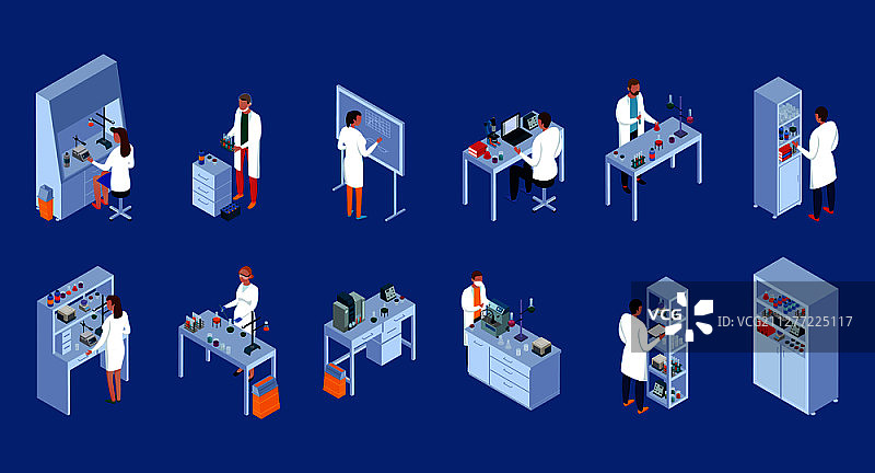 科学实验室2.5D图标集：工作人员工作设备和家具，蓝色背景矢量素材图片素材