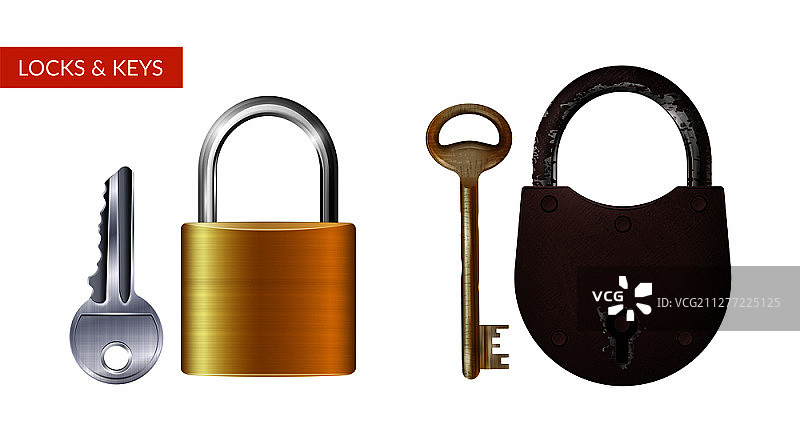逼真的带钥匙挂锁套装，用于安全保护，矢量图图片素材