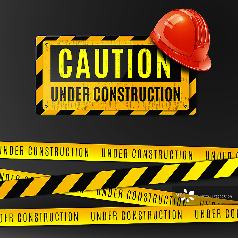施工中逼真海报：橙色头盔、警示牌和黄黑条纹警戒带矢量图图片素材