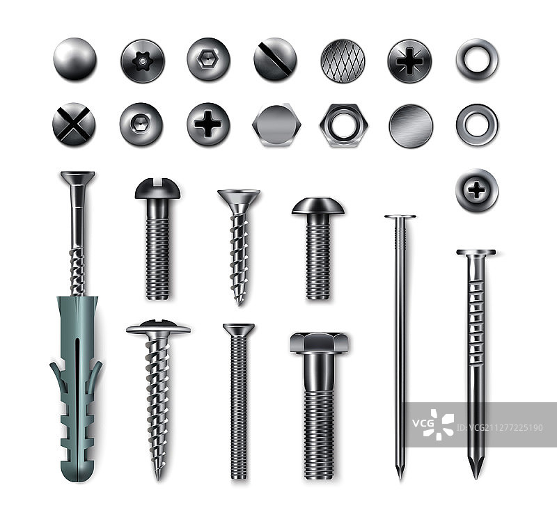 逼真金属紧固件：螺钉螺栓螺母钉子图片素材