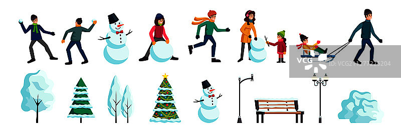 冬季城市平面元素设置与人们滑冰打雪仗家庭制作雪人圣诞树矢量插画图片素材