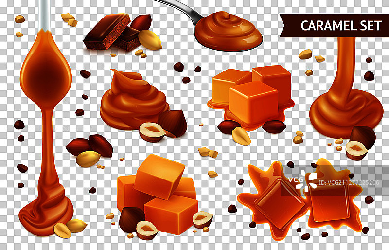 不同形状口味的逼真焦糖巧克力坚果图标集矢量图图片素材