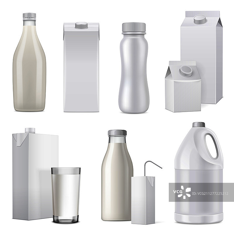 玻璃塑料和纸质白色牛奶瓶包装图标图片素材