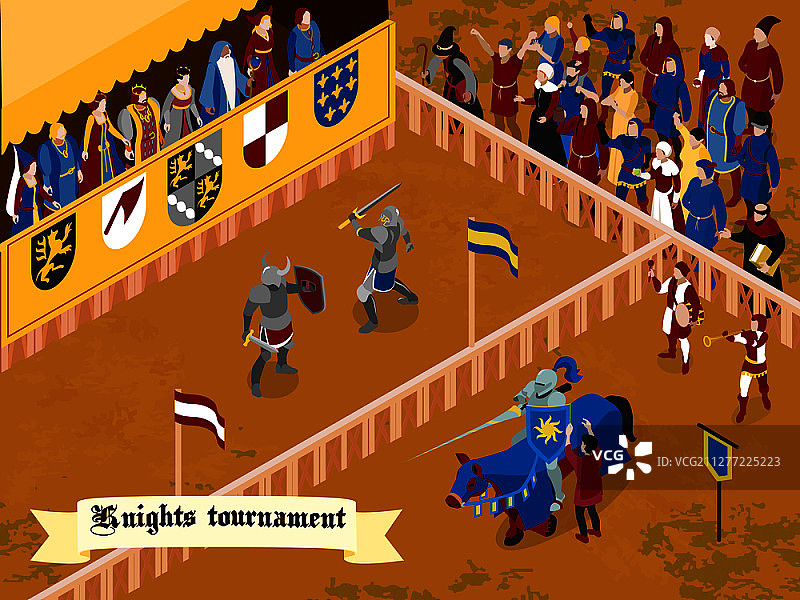 彩色等距中世纪骑士锦标赛标题白色缎带矢量素材图片素材