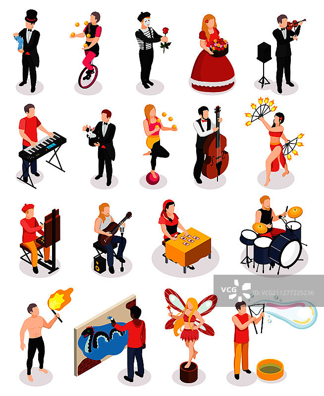 街头艺人：火焰表演魔术师和花艺师2.5D矢量插画图片素材