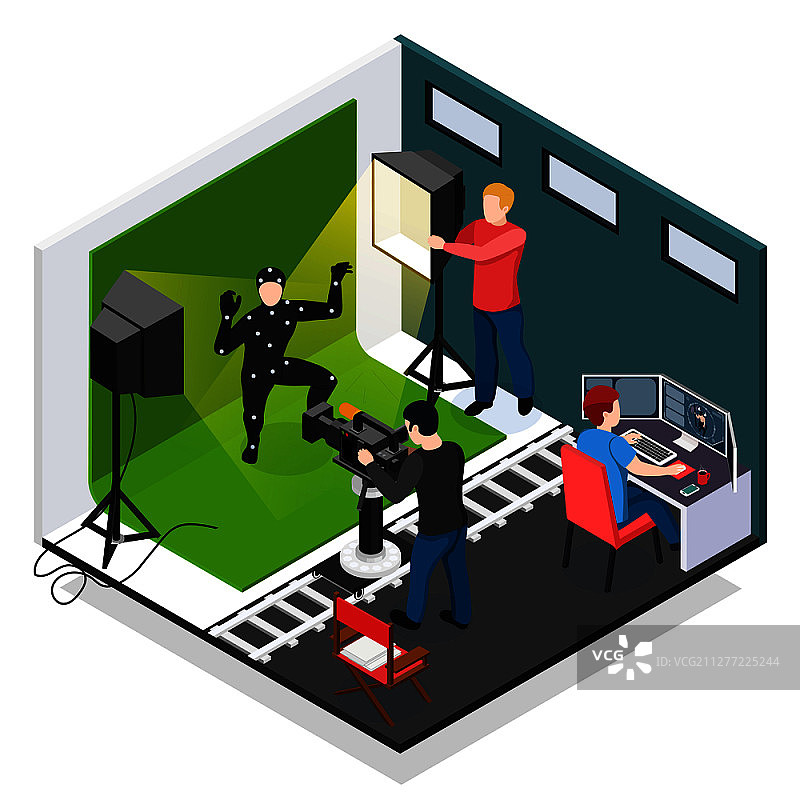 电影动作捕捉2.5D场景：演员、摄像师、灯光师和平面设计师工作场景矢量图图片素材