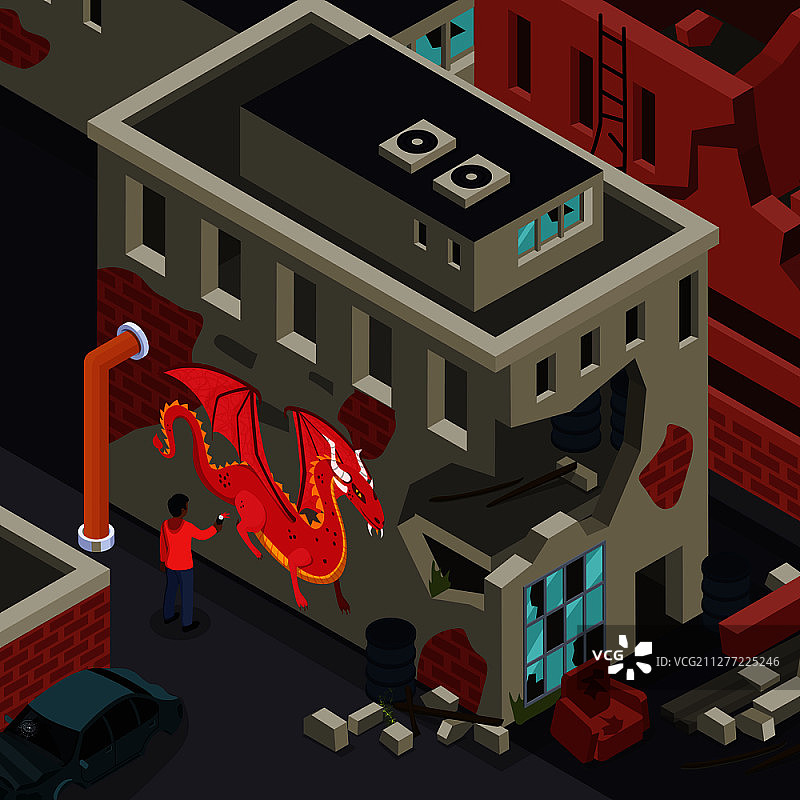 街头艺术家在毁坏的城市建筑墙壁上创作2.5D风格的龙涂鸦图片素材