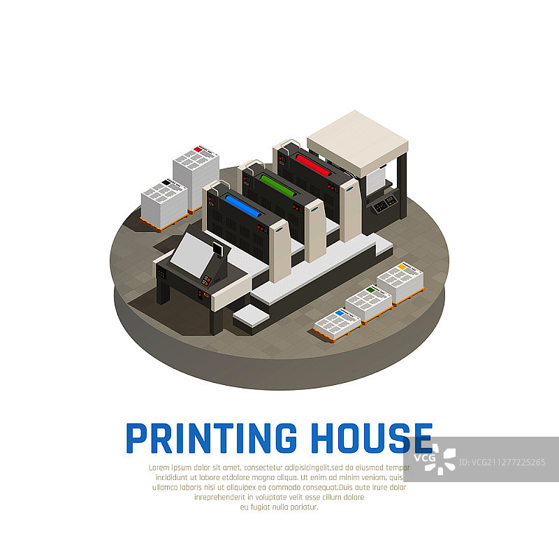 印刷厂设备2.5D组合，包含胶印机预印切割装订宣传册文件圆形矢量图图片素材