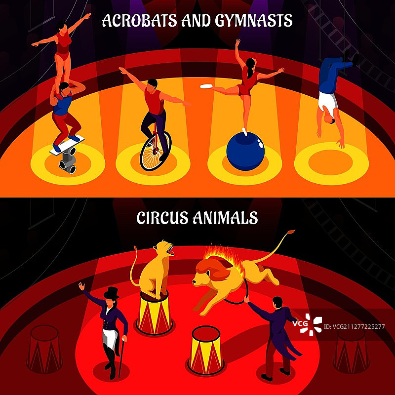 马戏团职业等距banner：动物驯养员和杂技演员图片素材