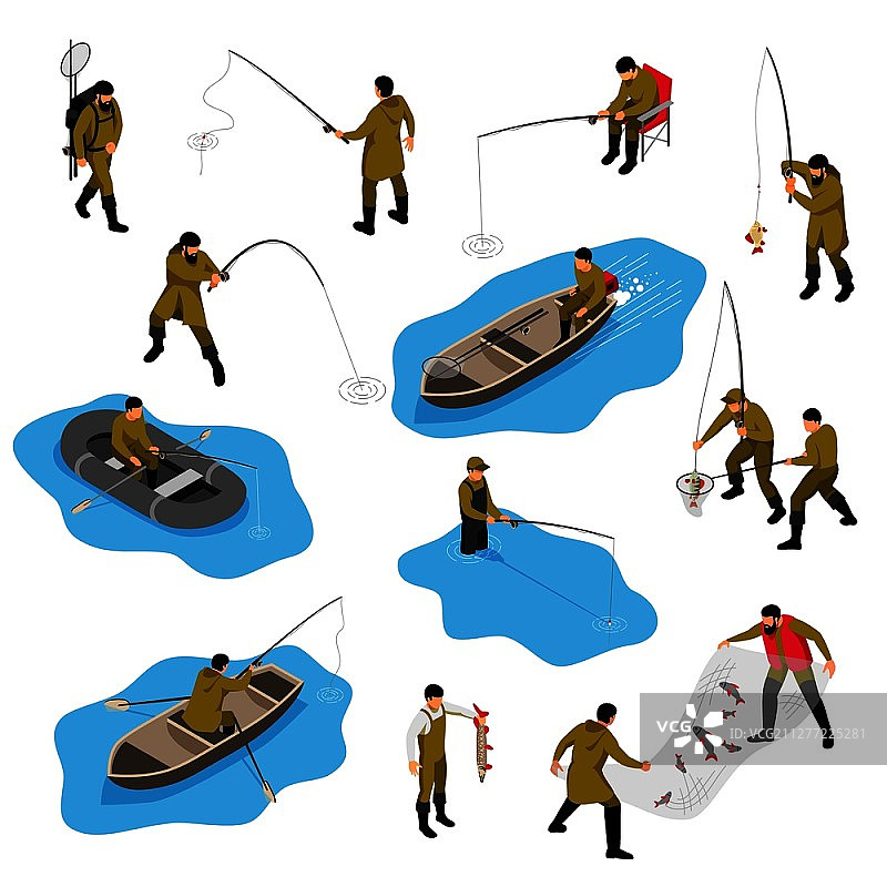 2.5D渔夫人物场景与渔船渔具矢量插画图片素材