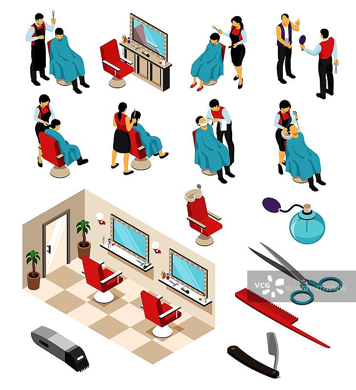 2.5D理发师职业套装：人物、家具与美发设备矢量素材图片素材