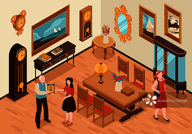 2.5D古董店等距内部场景，展示复古家具和书籍图片素材