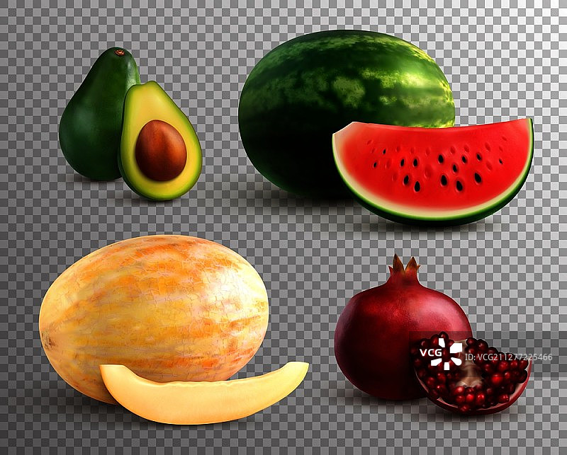 逼真水果：成熟的哈密瓜西瓜鳄梨和石榴矢量素材图片素材