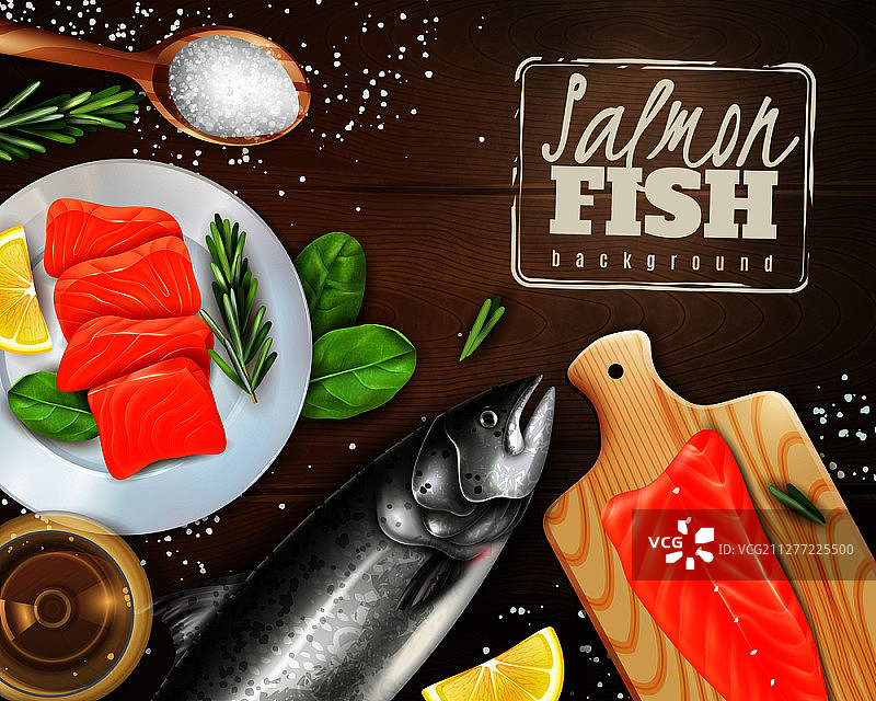 木桌上放有香草的生三文鱼逼真背景矢量图图片素材
