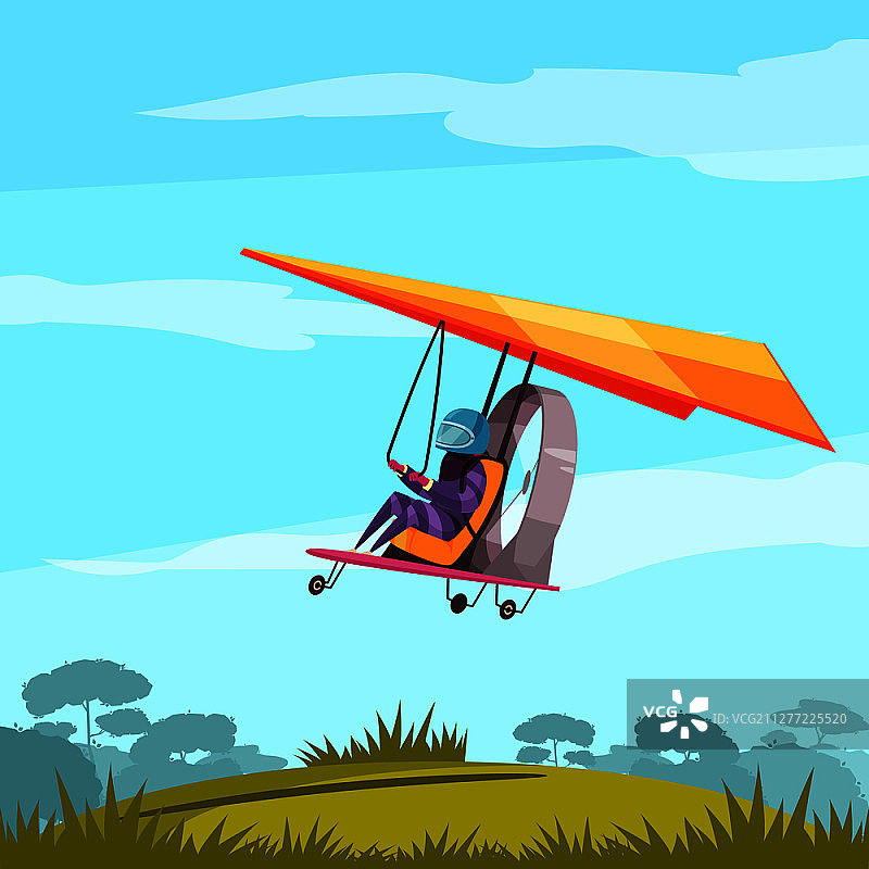 跳伞极限运动探险扁平抽象海报：滑翔机飞行员在着陆前飞行，背景为风景矢量图图片素材