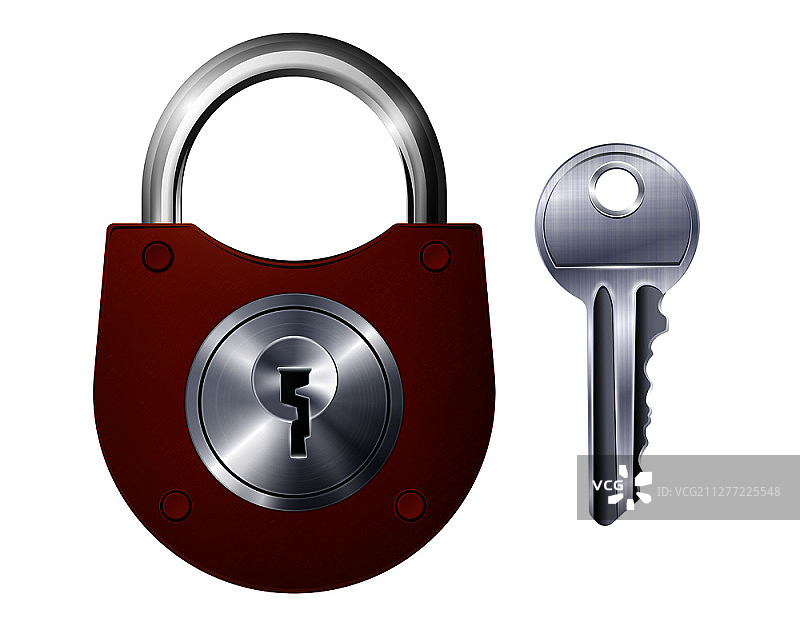 白色背景上隔离的新款红色挂锁和金属钥匙装饰图标现实矢量图图片素材
