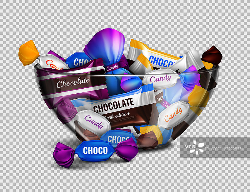 玻璃碗中各种巧克力糖果（带锡纸包装的逼真广告）图片素材
