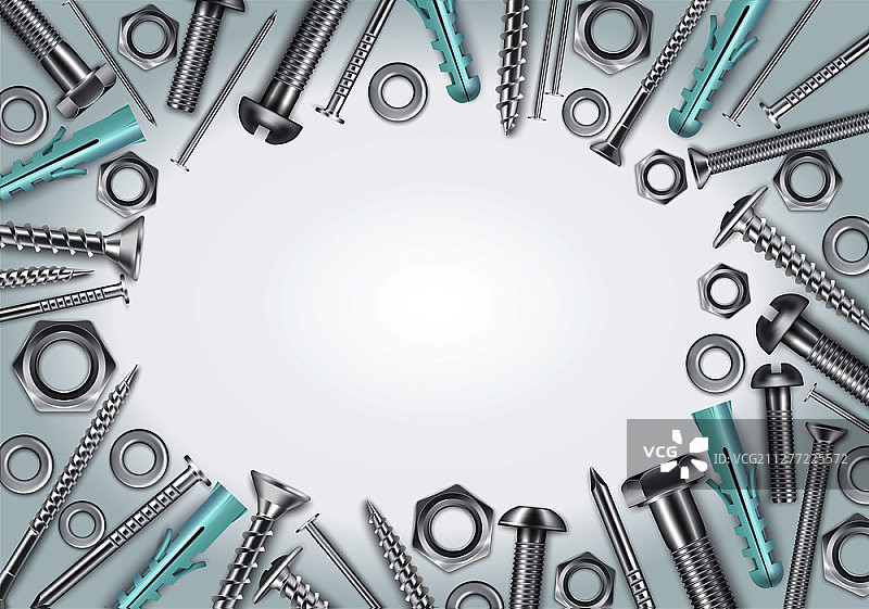 灰色白色背景上逼真的金属紧固件螺钉螺栓螺母和钉子的装饰画框矢量图图片素材