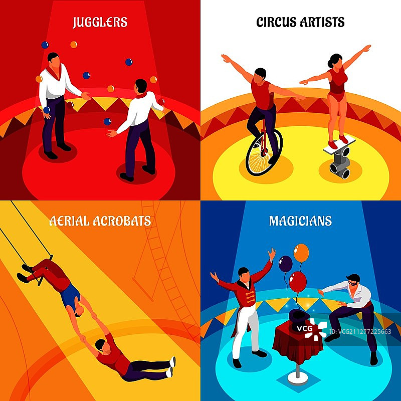 马戏团专业杂耍演员马戏团艺术家空中杂技演员和魔术师等距设计概念孤立矢量插图图片素材