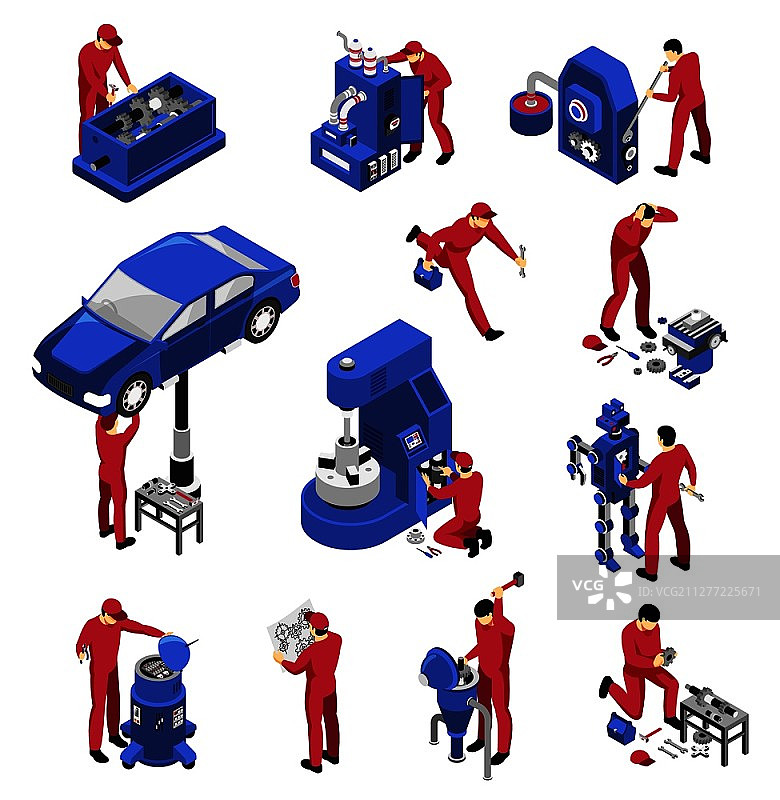 2.5D机械师专业设备：汽车维修专用机械设备及工人图片素材