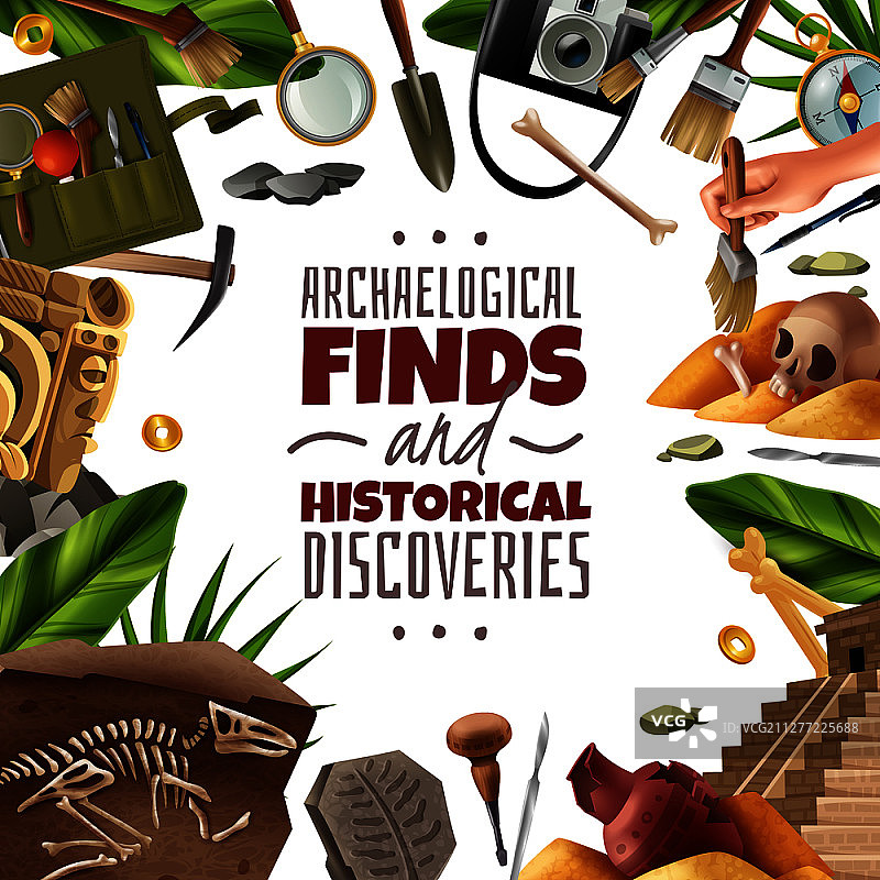 考古框架背景，包含挖掘设备、文物和发现物的圆形构图矢量插画图片素材