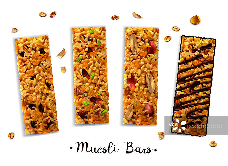 逼真的超级食物麦片棒组合与四种不同配料和文本矢量图图片素材