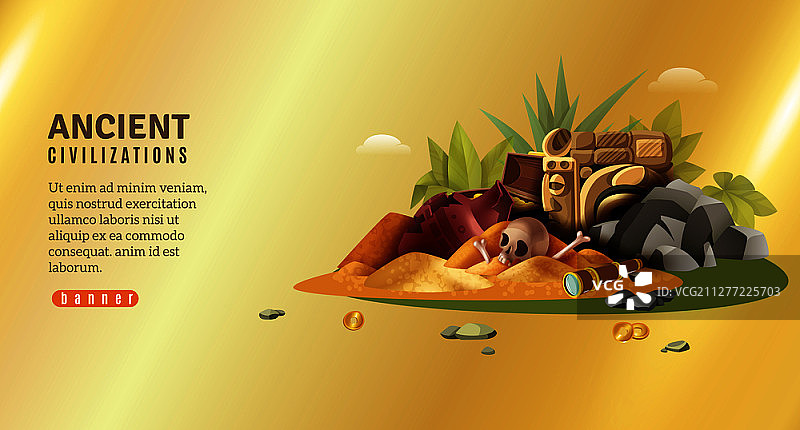 考古横幅，具有可编辑的文本和金色渐变背景上的古代文明发现堆矢量插图图片素材