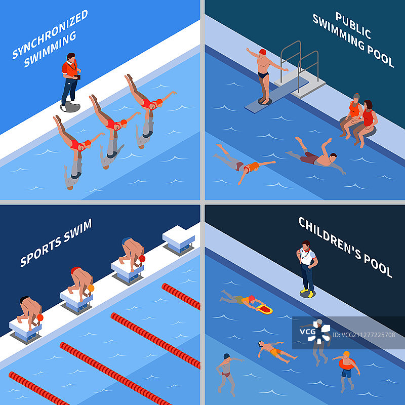 公共泳池花样游泳比赛与儿童泳池2.5D设计概念矢量图图片素材