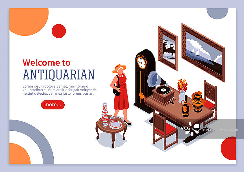 2.5D风格的复古海报：优雅女性观赏室内物品矢量插画图片素材