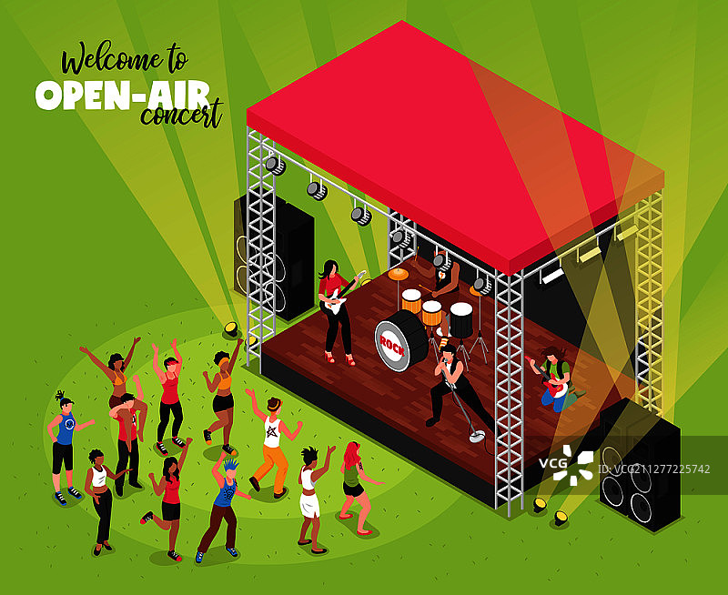 舞台摇滚乐队演出的户外音乐会2.5D矢量图图片素材