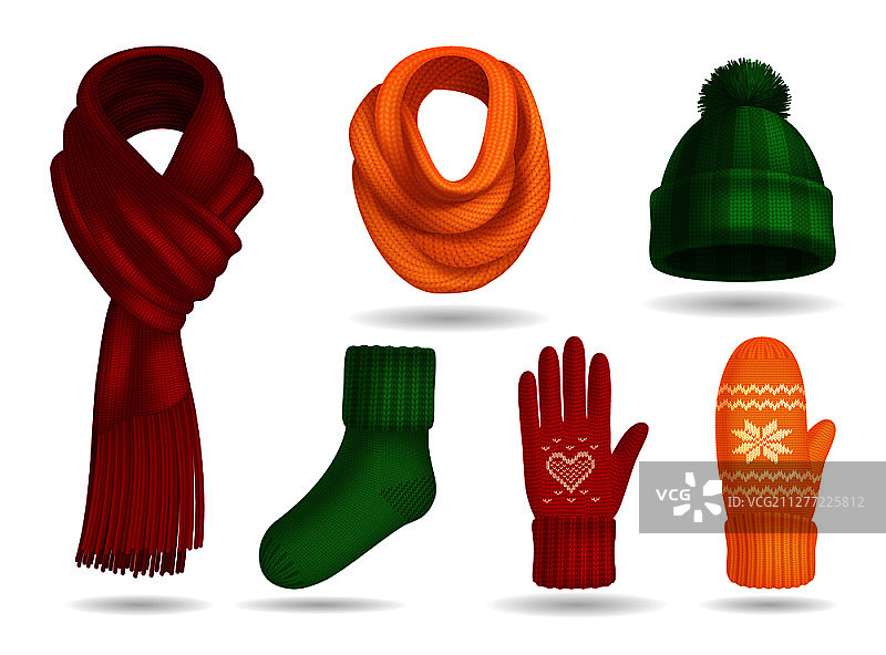 逼真的冬季针织服装套装：帽子和手套图片素材