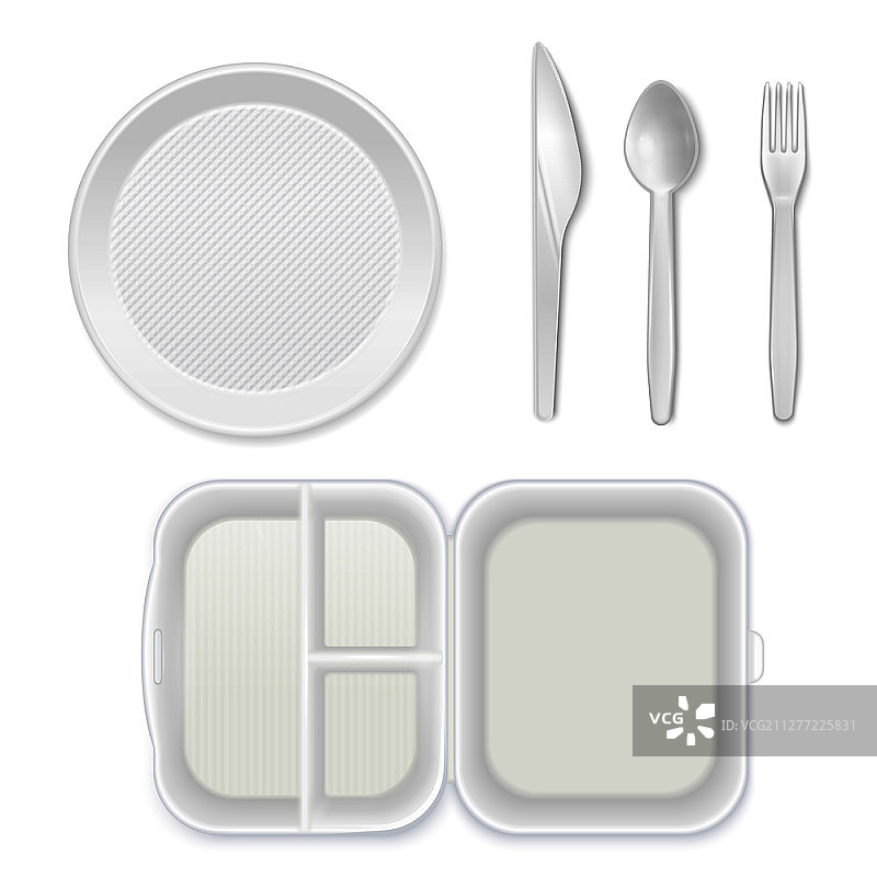 一次性白色塑料餐盘刀叉勺午餐盒餐具套装矢量图图片素材