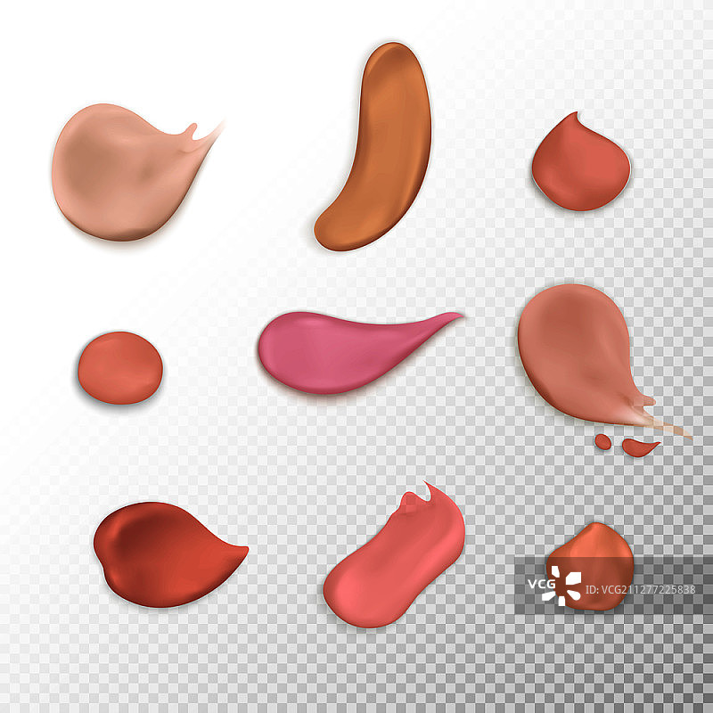 化妆品遮瑕膏涂抹笔触，透明背景上各种颜色的粉底霜涂抹，逼真矢量图图片素材