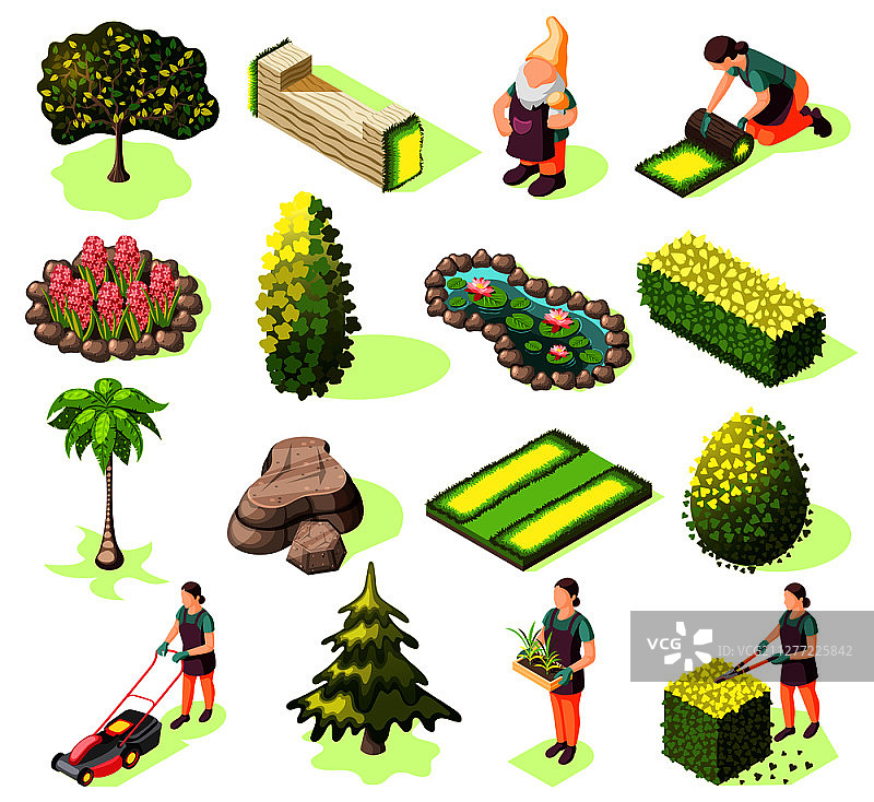 景观设计等距图标：草坪、树木和灌木矢量素材图片素材