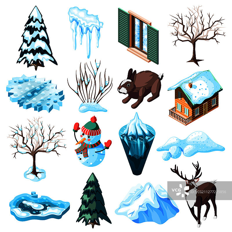 冬季景观2.5D图标：动物、树木、灌木和冰冻湖泊图片素材