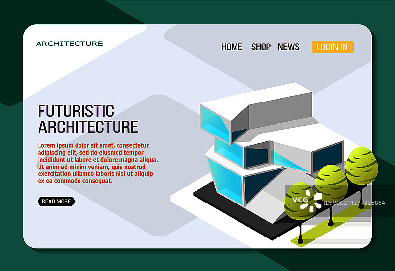 玻璃和混凝土结构的2.5D未来主义建筑，等距登陆网页矢量素材图片素材