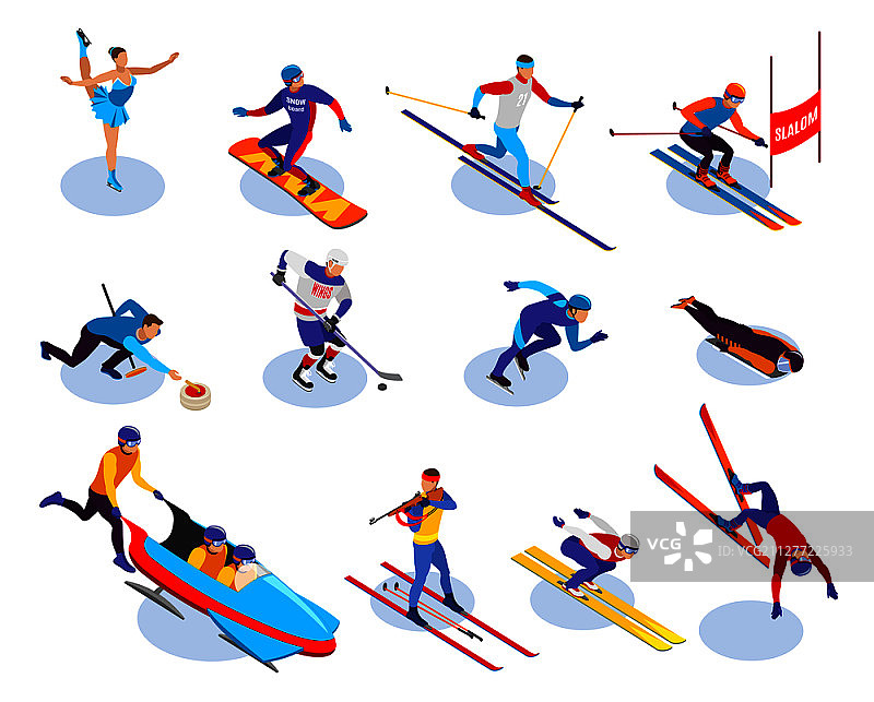冬季运动2.5D图标集（单板滑雪、回转、冰壶、自由泳、花样滑冰、冰球、冬季两项2.5D矢量图）图片素材