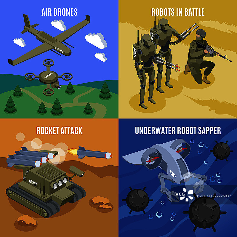 具有空中无人机火箭袭击水下机器人破障手等距图标的战斗2x2设计概念中的军用机器人矢量图图片素材