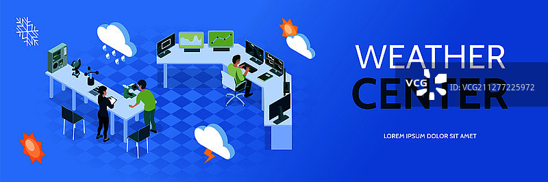 淡蓝色2.5D气象中心横版banner矢量插画图片素材