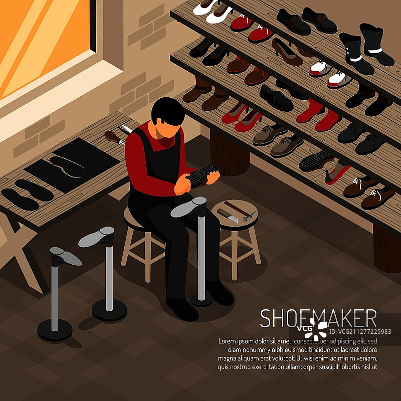 鞋匠在鞋架背景下工作的2.5D矢量图图片素材