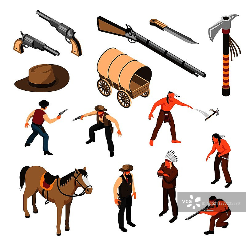 牛仔和美洲原住民的狂野西部元素等距图标图片素材