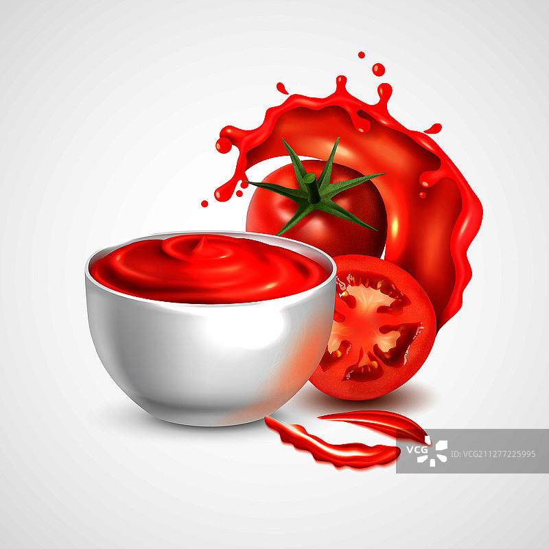 番茄酱碗逼真组合，含新鲜蔬菜和果汁飞溅切片矢量图图片素材