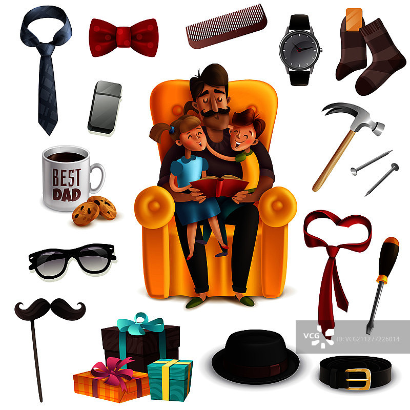 父亲节庆祝活动，爸爸和孩子们一起读书，赠送男士配饰矢量插画图片素材