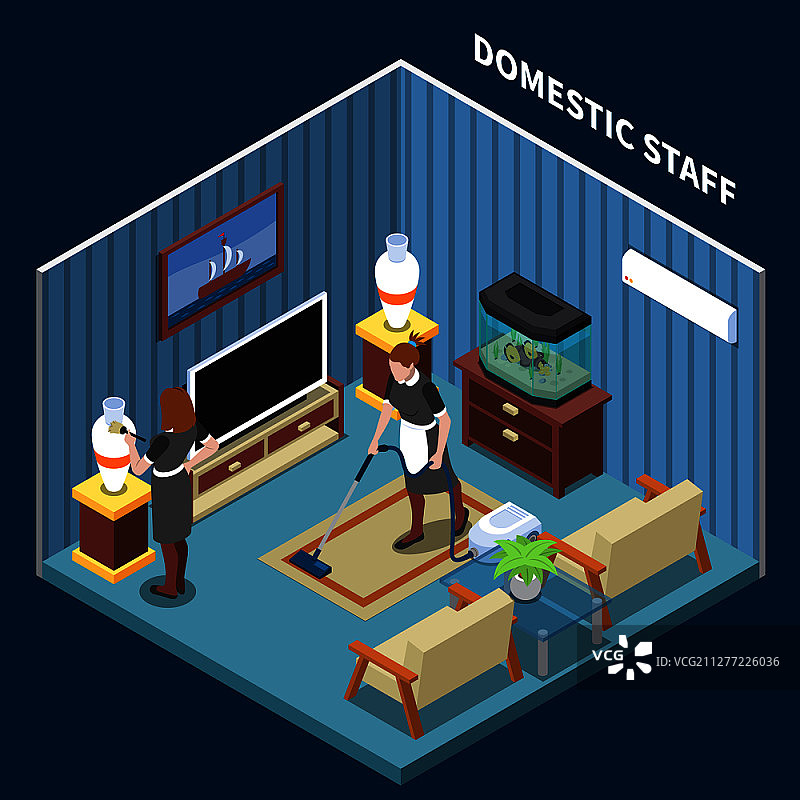2.5D家居场景：客厅内景、家具及家政服务员矢量插画图片素材