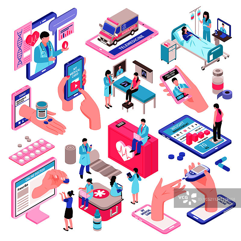 在线医药和数字健康产业元素2.5D图集，在白色背景下隔离，3D矢量图图片素材
