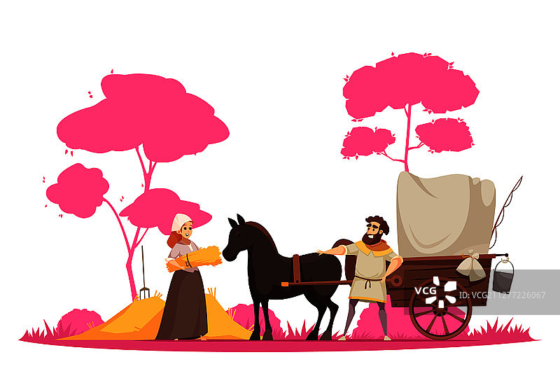 卡通矢量插画：古老的乡村地面交通运输，马车与人物，树木背景图片素材