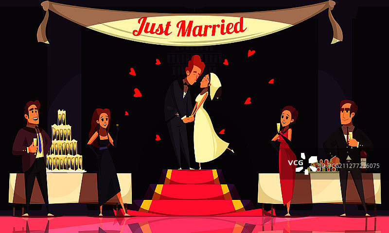 婚礼招待会：新郎新娘与宾客在宴会桌旁享用美食和饮品（卡通矢量插画）图片素材