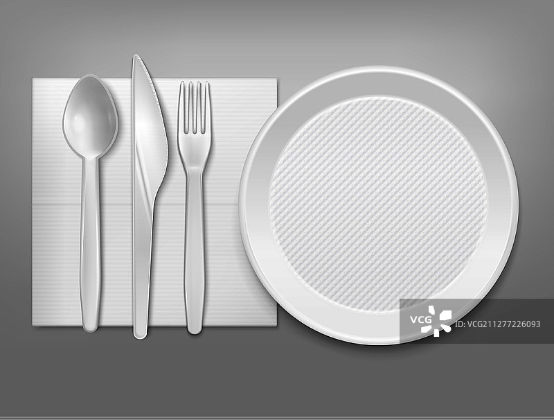 白色塑料一次性餐盘刀叉勺餐巾餐具套装矢量图图片素材